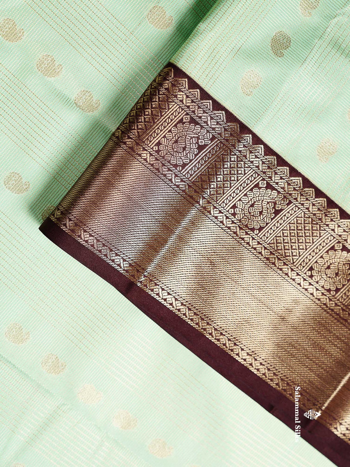 Semi Silk Saree - Light Pista Green Mango Butta With Checks Along With Contrast Dark Brown Traditional Gap Border