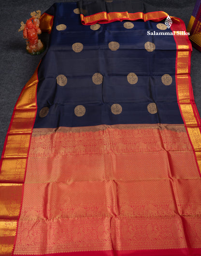 Beautiful Dark Navy Blue Pure Kanjivaram Silk Saree With Contrast Chilly Red Traditional Border
