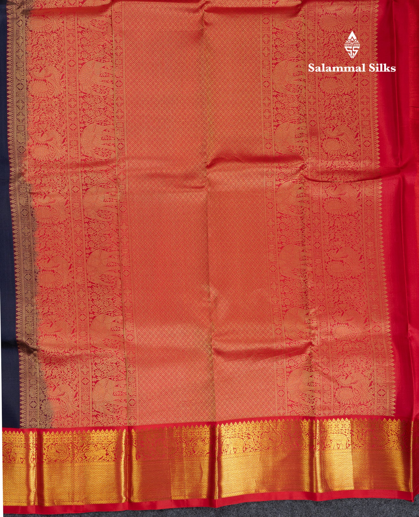 Beautiful Dark Navy Blue Pure Kanjivaram Silk Saree With Contrast Chilly Red Traditional Border