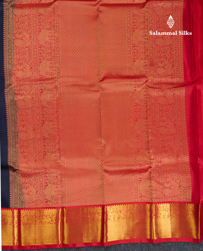 Beautiful Dark Navy Blue Pure Kanjivaram Silk Saree With Contrast Chilly Red Traditional Border