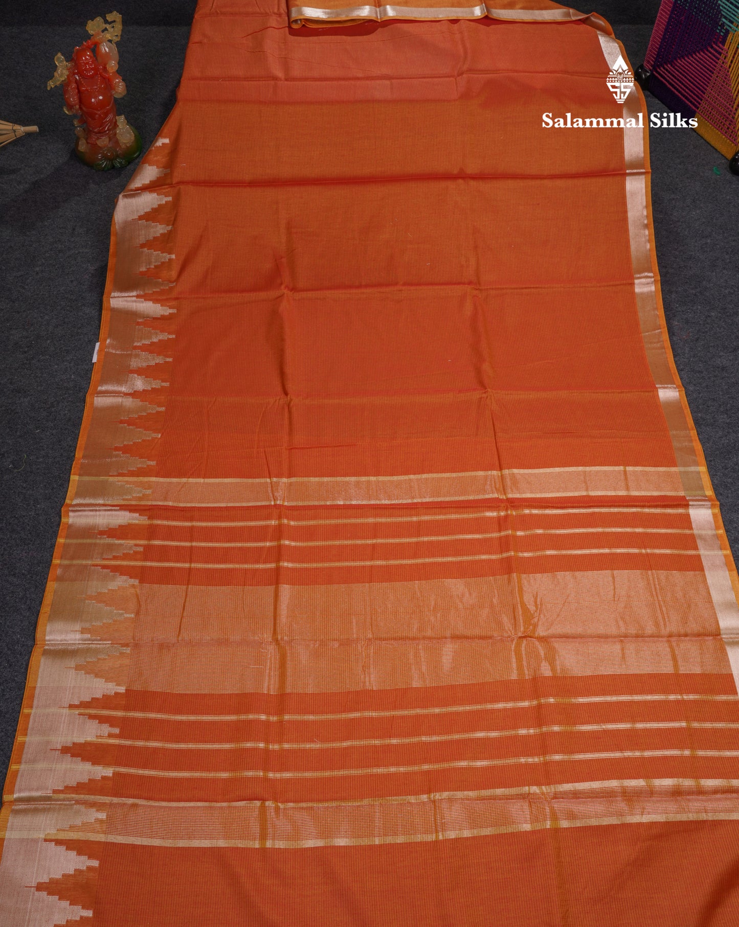 Orange Beautiful Horizontal Lines Cotton Mix Fancy Saree With Silver Zari Temple Border