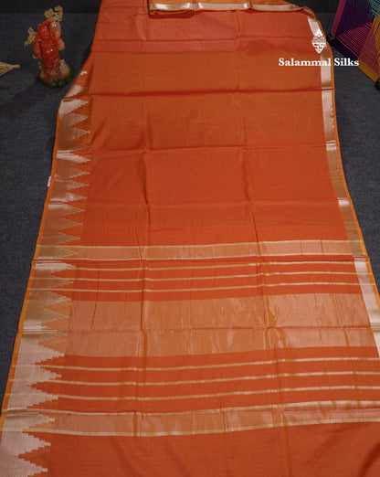 Orange Beautiful Horizontal Lines Cotton Mix Fancy Saree With Silver Zari Temple Border