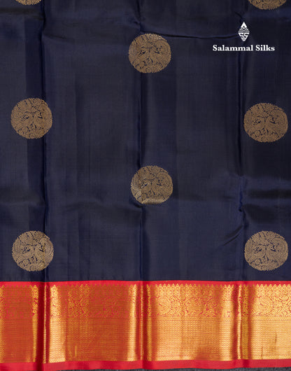 Beautiful Dark Navy Blue Pure Kanjivaram Silk Saree With Contrast Chilly Red Traditional Border