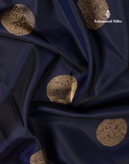 Beautiful Dark Navy Blue Pure Kanjivaram Silk Saree With Contrast Chilly Red Traditional Border