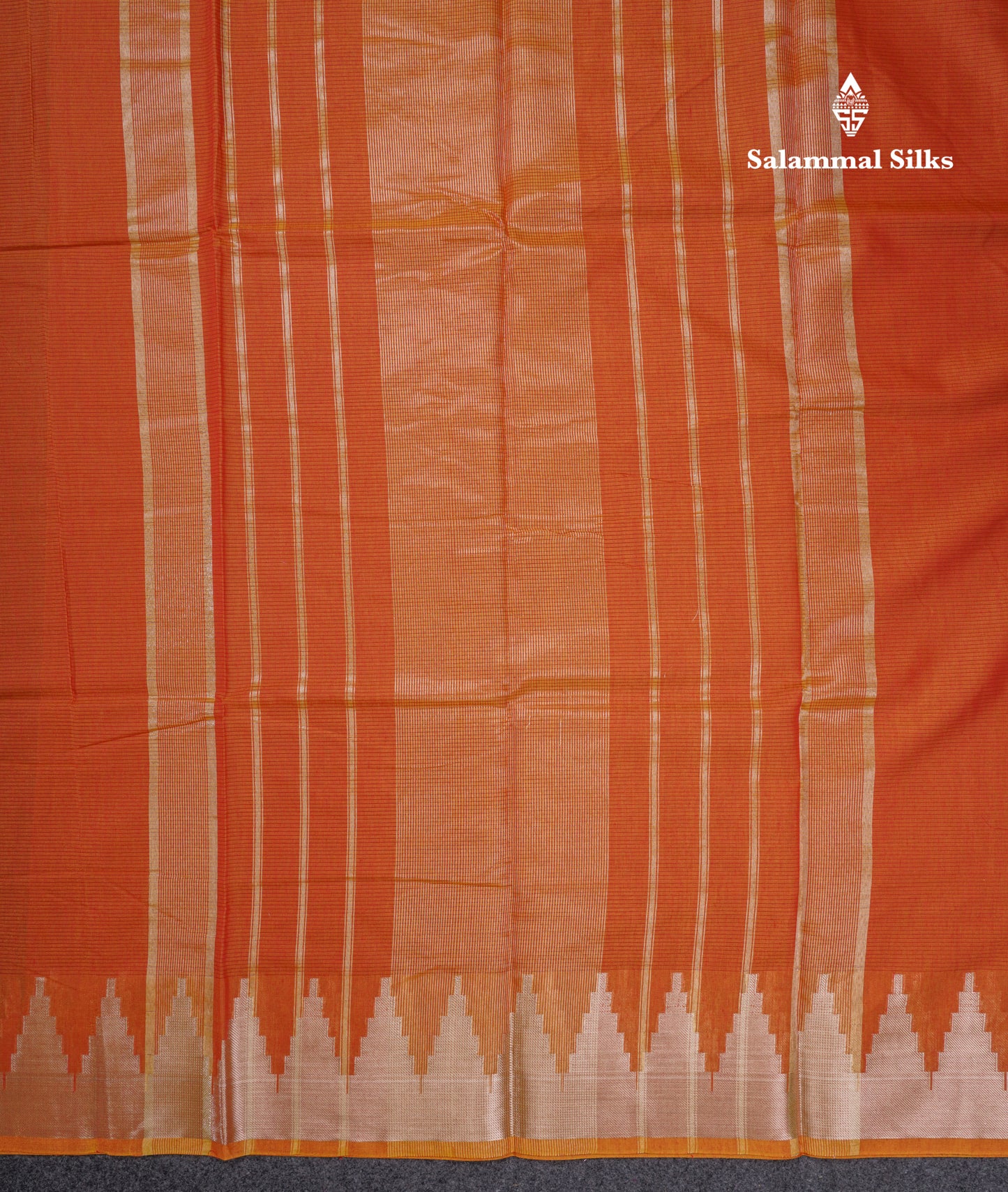 Orange Beautiful Horizontal Lines Cotton Mix Fancy Saree With Silver Zari Temple Border