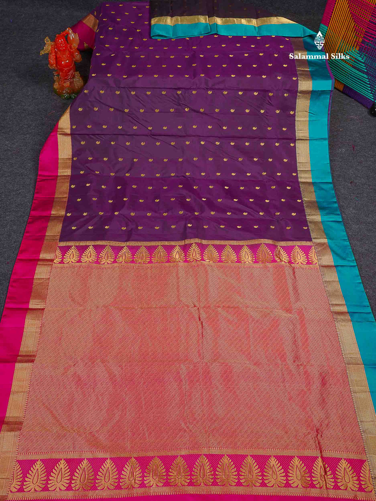 Pure Kanjivaram Silk Saree - Dark Purple Colour Body With Mango Butta & Ganga Jamuna Border