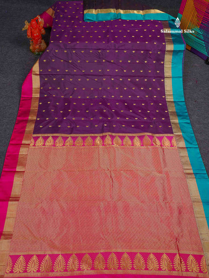 Pure Kanjivaram Silk Saree - Dark Purple Colour Body With Mango Butta & Ganga Jamuna Border