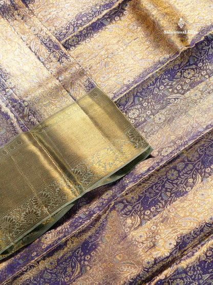 Beautiful Light Lavender Tissue Bridal Pure Kanjivaram Silk Saree With Contrast Pista Green Border