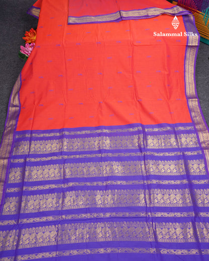 Red Kalyani Cotton Saree With Contrast Violet Border