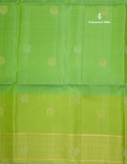 Beautiful Light Green Pure Kanjivaram Soft Silk Saree With Contrast Light Elaichi Green Border