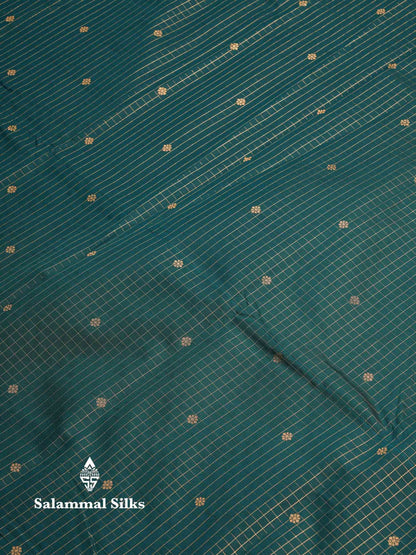 Beautiful Bottle Green Checks And Small Buttas Semi Silk Saree With Baby Pink Traditional Double Border