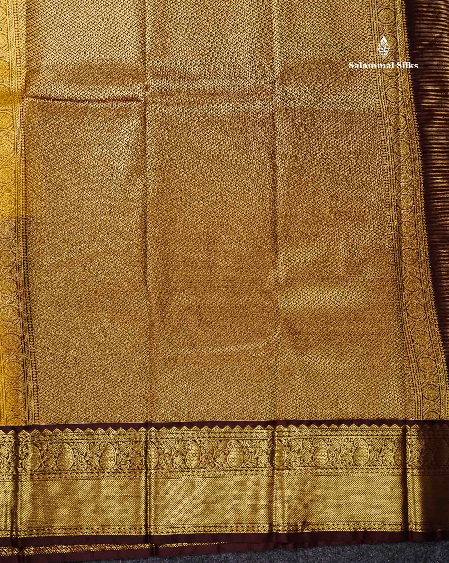 Semi Silk Saree - Olive Mustard Yellow Traditional Butta With Vaira Oosi Lines Along With Contrast Dark Brown Border