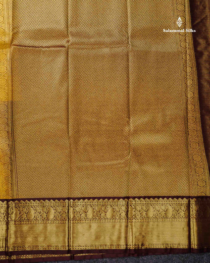 Semi Silk Saree - Olive Mustard Yellow Traditional Butta With Vaira Oosi Lines Along With Contrast Dark Brown Border