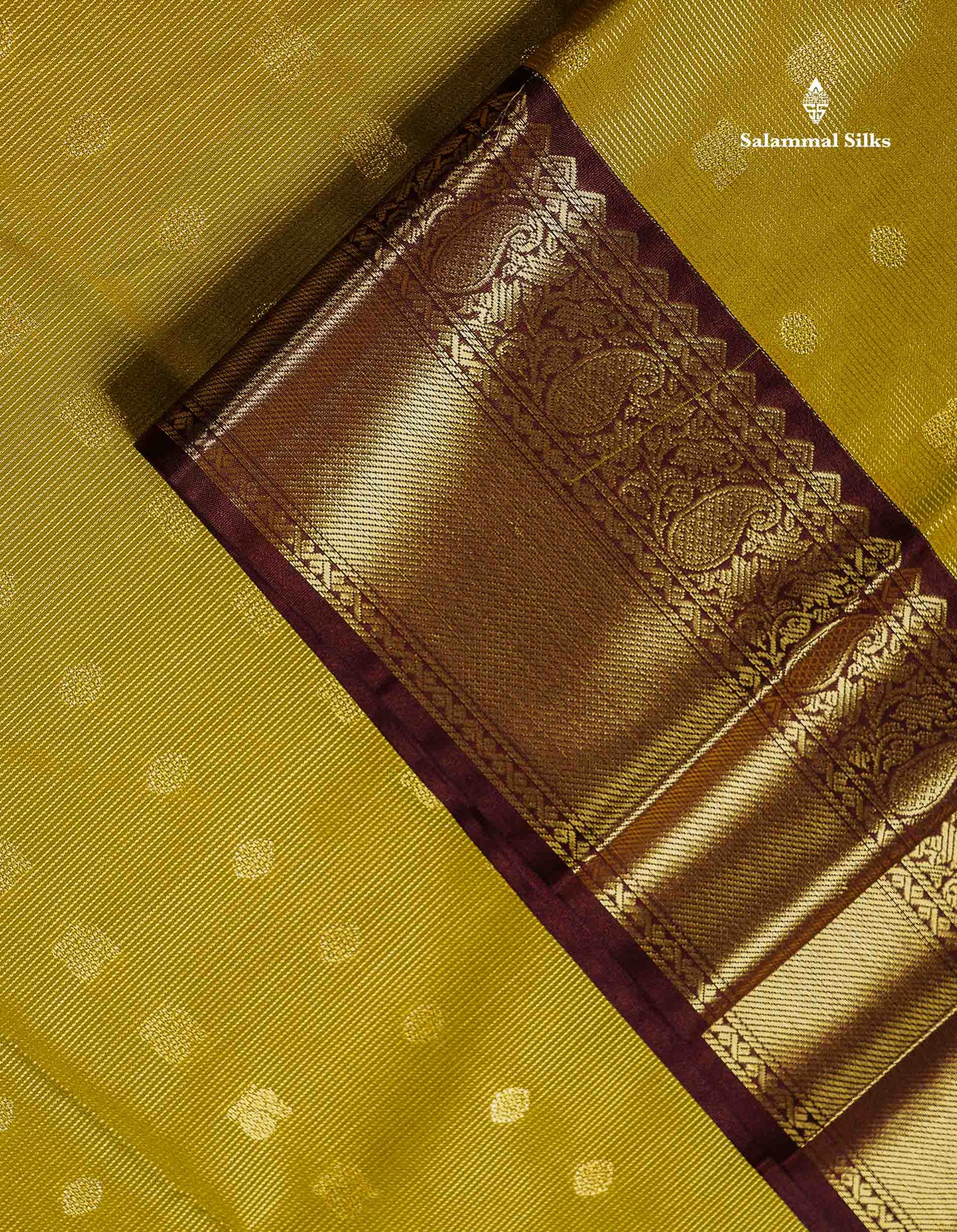 Semi Silk Saree - Olive Mustard Yellow Traditional Butta With Vaira Oosi Lines Along With Contrast Dark Brown Border