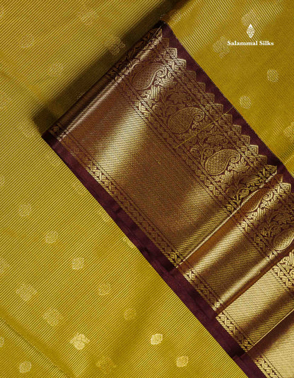 Semi Silk Saree - Olive Mustard Yellow Traditional Butta With Vaira Oosi Lines Along With Contrast Dark Brown Border