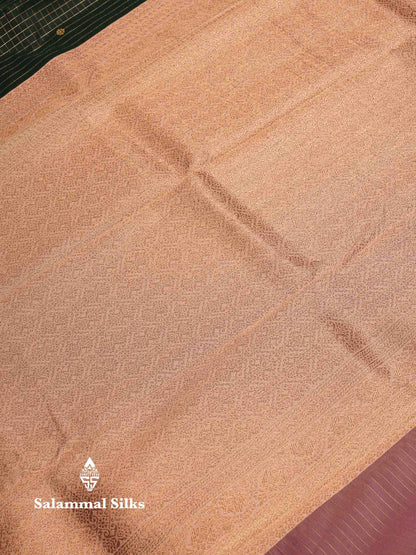 Beautiful Bottle Green Checks And Small Buttas Semi Silk Saree With Baby Pink Traditional Double Border