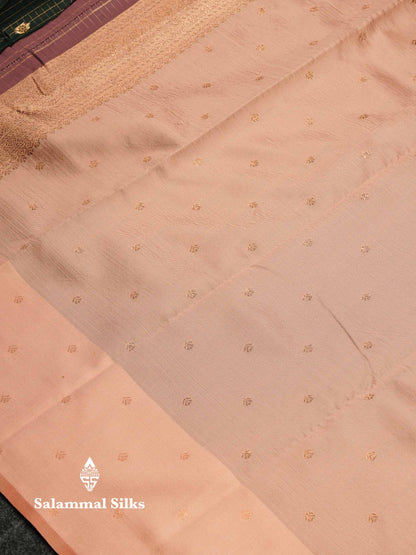 Beautiful Bottle Green Checks And Small Buttas Semi Silk Saree With Baby Pink Traditional Double Border