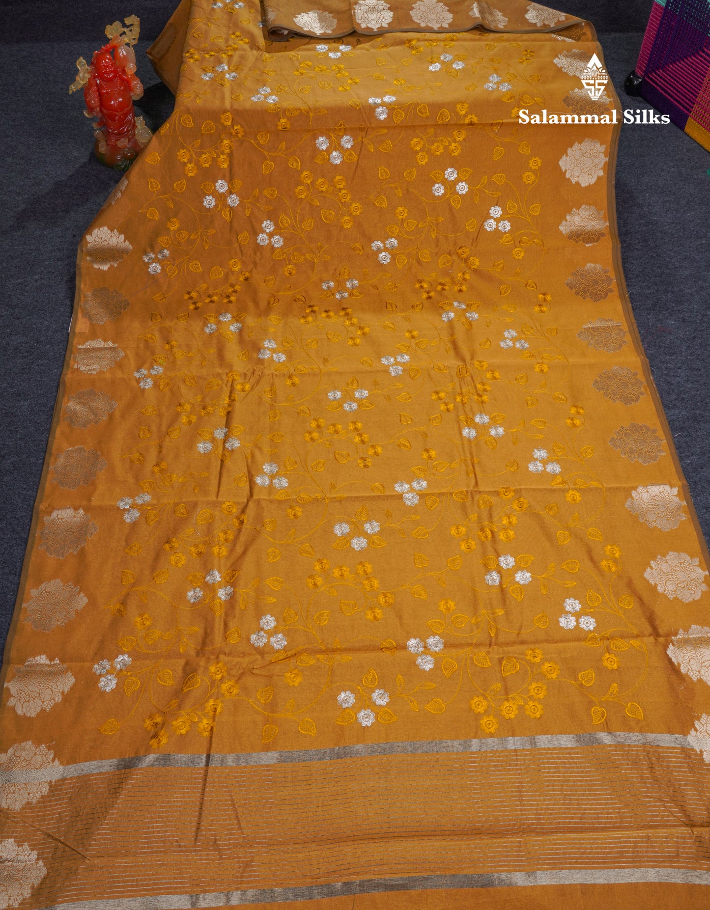 Navy Blue Embroidery Work Cotton Mix Saree With Floral Fancy Border