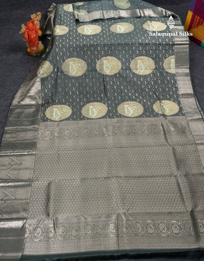Beautiful Greenish Grey Fancy Pure Kanjivaram Silk Saree with Traitional Evening Morning Border