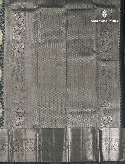 Beautiful Greenish Grey Fancy Pure Kanjivaram Silk Saree with Traitional Evening Morning Border