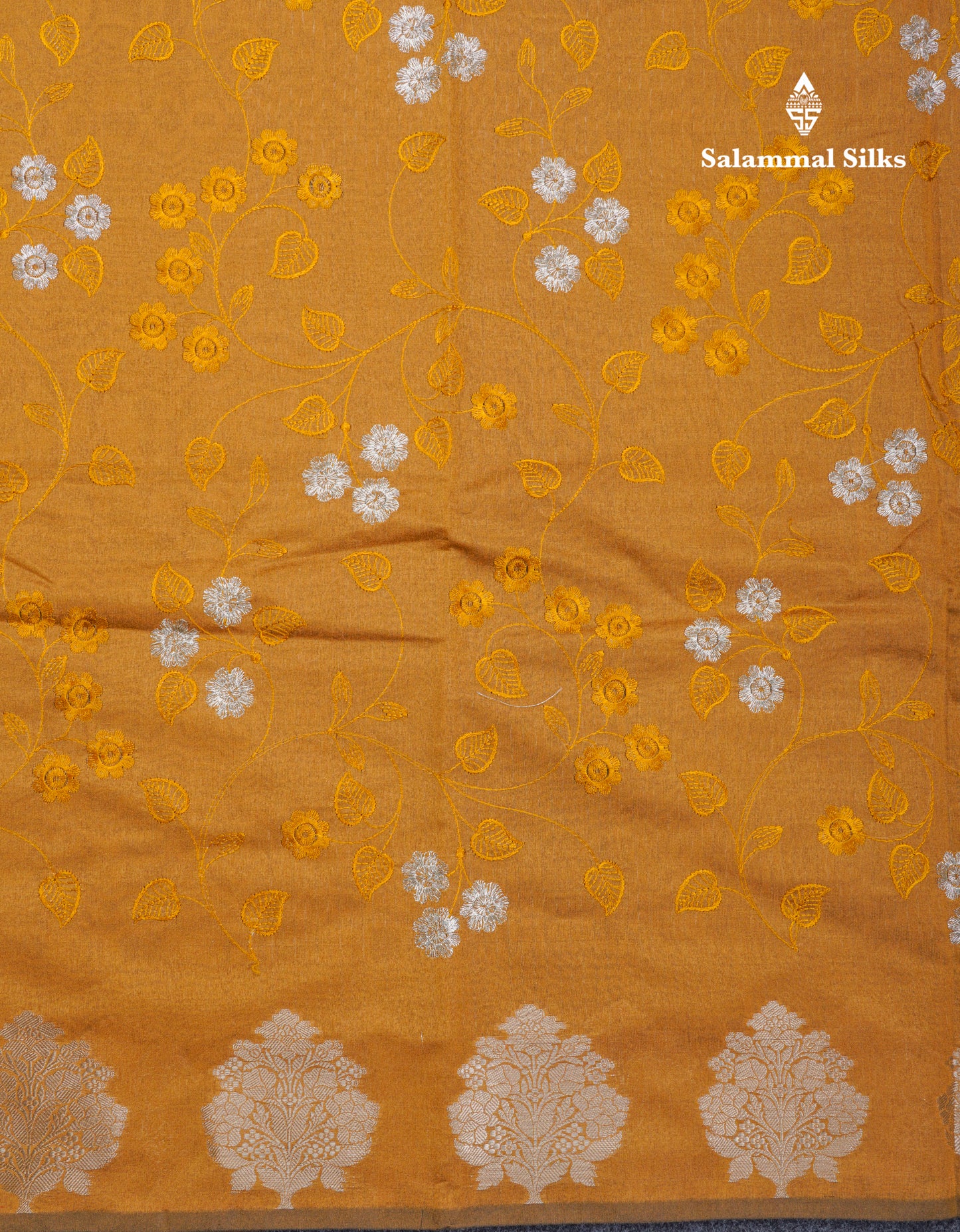 Navy Blue Embroidery Work Cotton Mix Saree With Floral Fancy Border