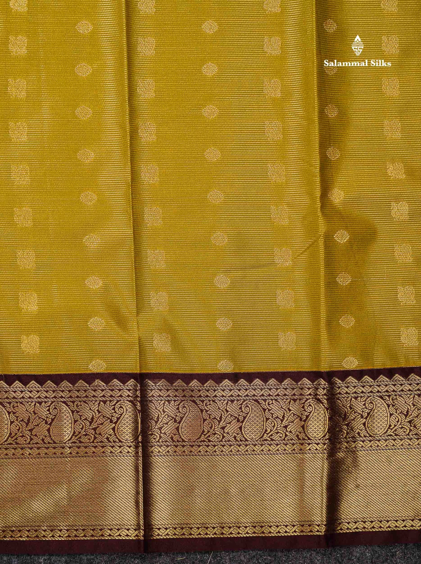 Semi Silk Saree - Olive Mustard Yellow Traditional Butta With Vaira Oosi Lines Along With Contrast Dark Brown Border