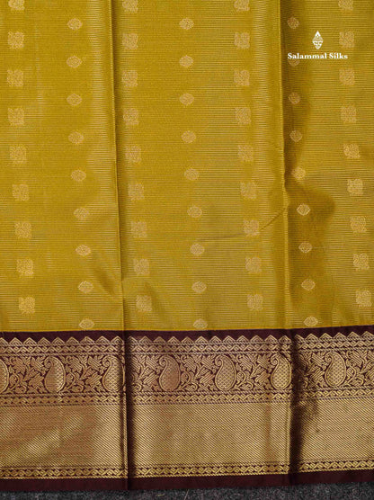 Semi Silk Saree - Olive Mustard Yellow Traditional Butta With Vaira Oosi Lines Along With Contrast Dark Brown Border
