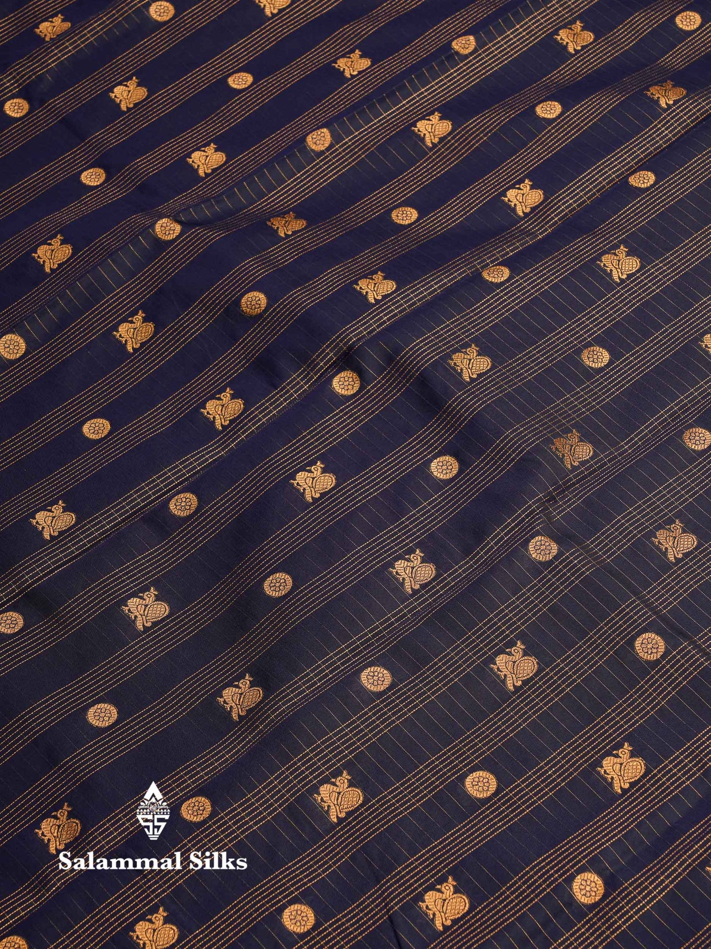 Beautiful Navy Blue Checks And Small Buttas Semi Silk Saree With Light Rexona Traditional Double Border