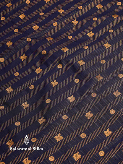 Beautiful Navy Blue Checks And Small Buttas Semi Silk Saree With Light Rexona Traditional Double Border