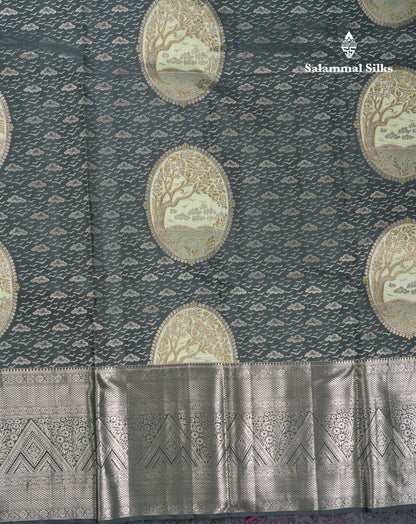 Beautiful Greenish Grey Fancy Pure Kanjivaram Silk Saree with Traitional Evening Morning Border