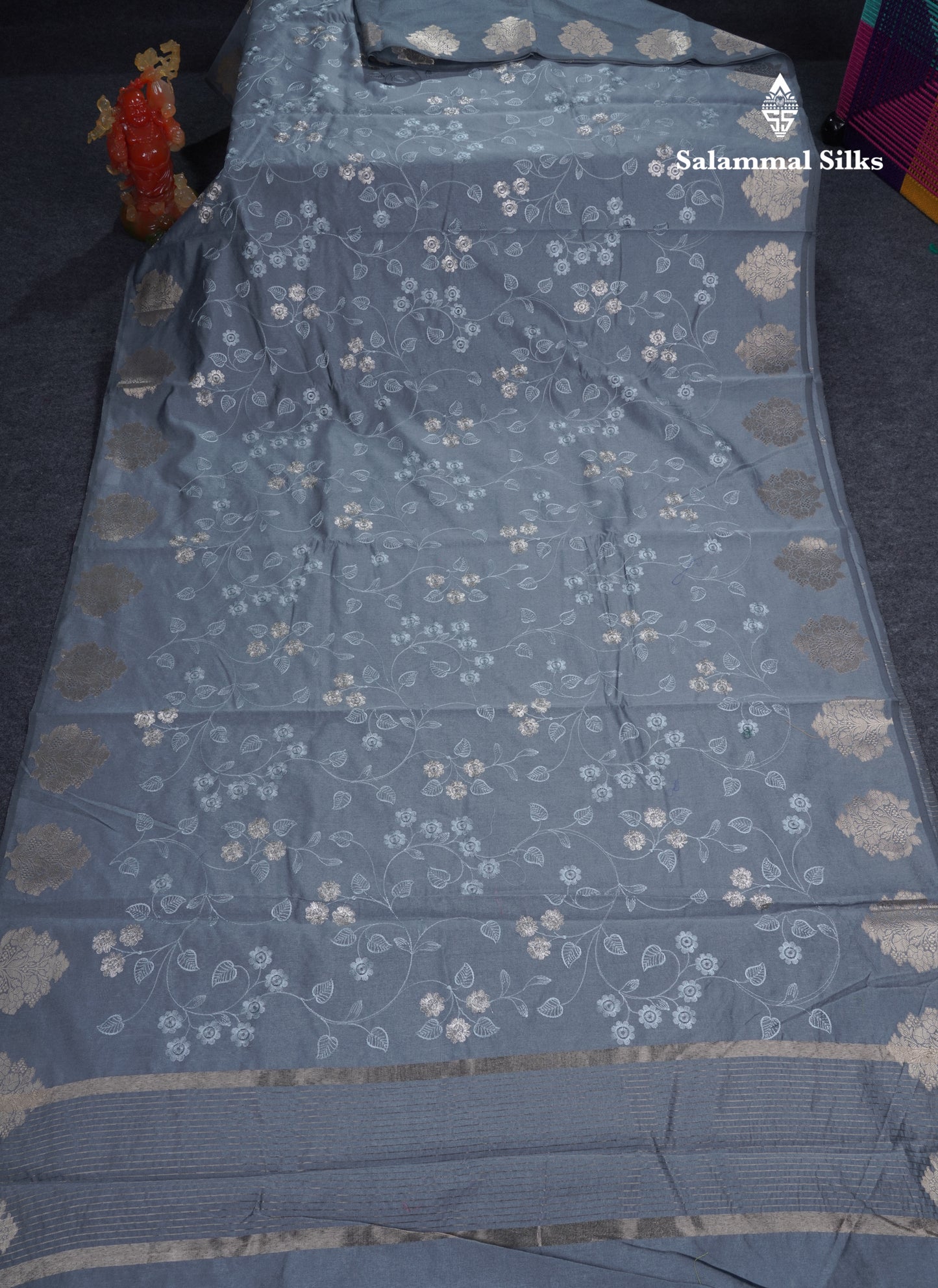 Navy Blue Embroidery Work Cotton Mix Saree With Floral Fancy Border