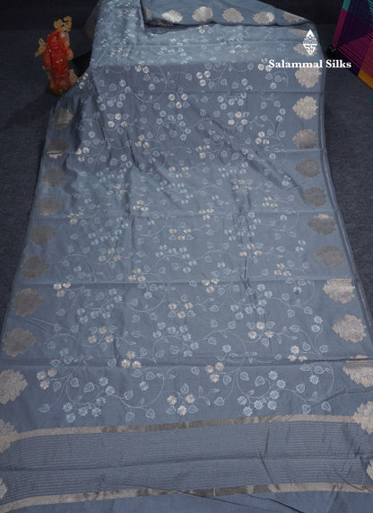 Navy Blue Embroidery Work Cotton Mix Saree With Floral Fancy Border
