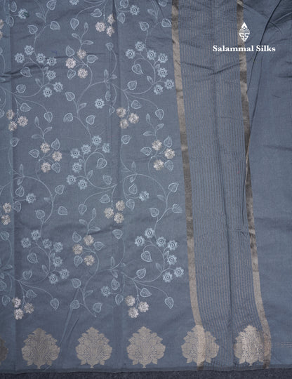 Navy Blue Embroidery Work Cotton Mix Saree With Floral Fancy Border