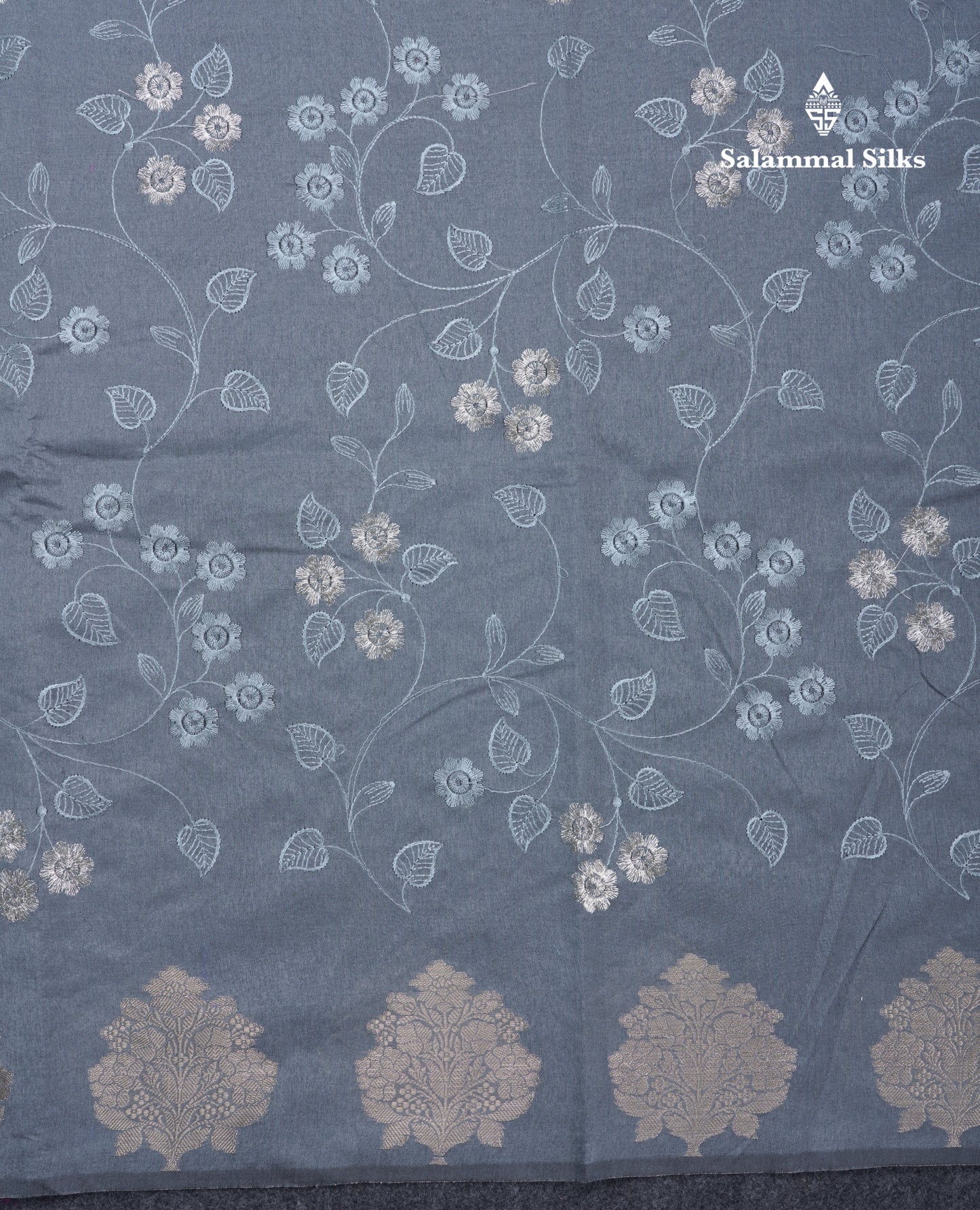 Navy Blue Embroidery Work Cotton Mix Saree With Floral Fancy Border