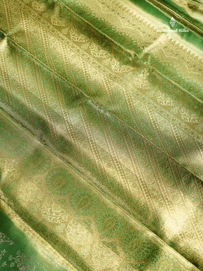Beautiful Light Green Tissue Bridal Pure Kanjivaram Silk Saree With Contrast Rexona Green Traditional Evening Morning Border