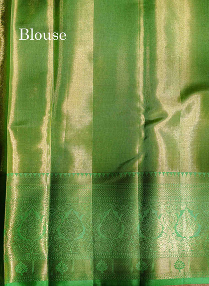Beautiful Light Green Tissue Bridal Pure Kanjivaram Silk Saree With Contrast Rexona Green Traditional Evening Morning Border
