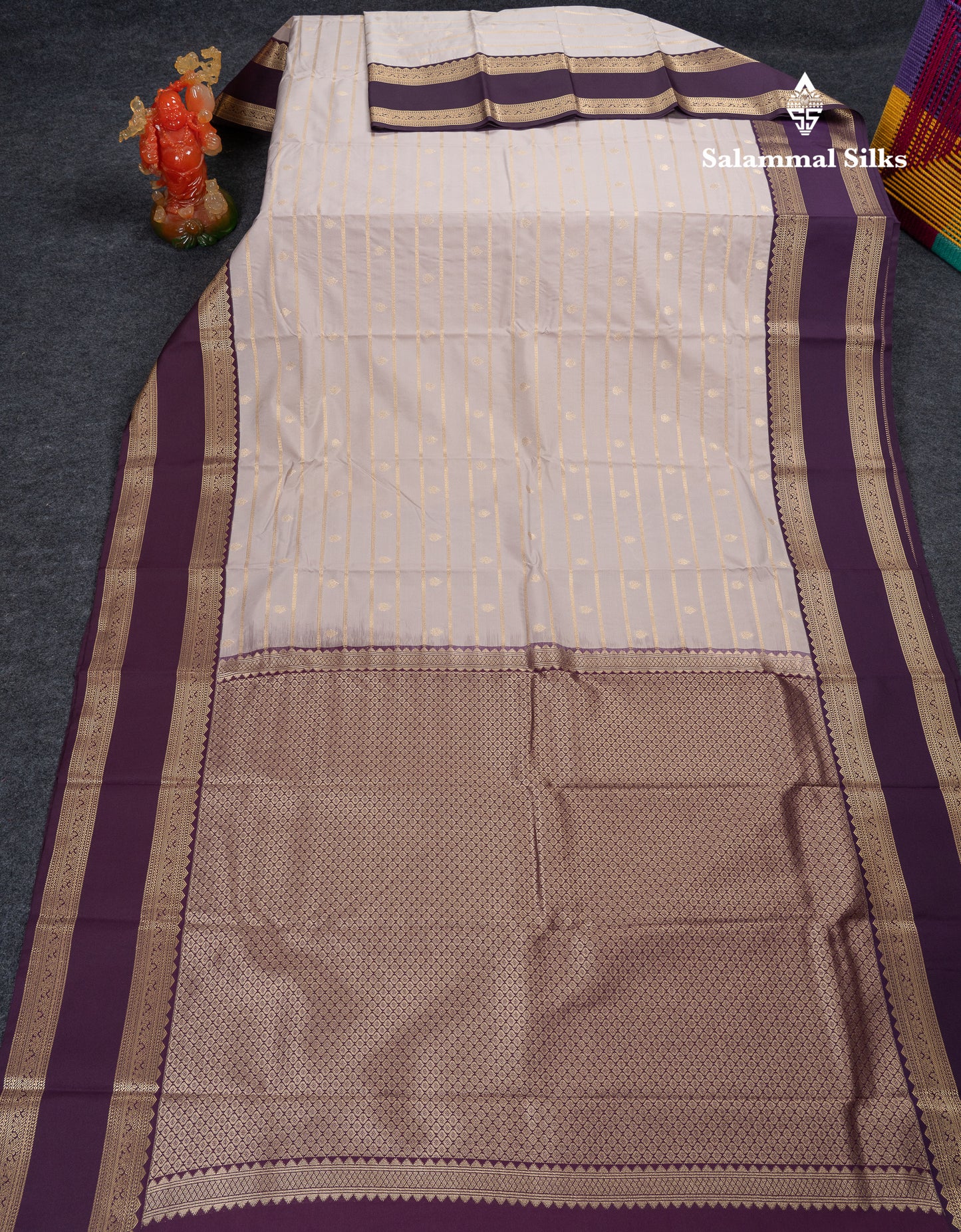 Beautiful Light Grey Semi Silk Saree With Contrast Magenta Traditional Gap Border