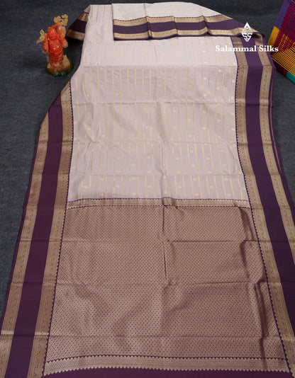 Beautiful Light Grey Semi Silk Saree With Contrast Magenta Traditional Gap Border