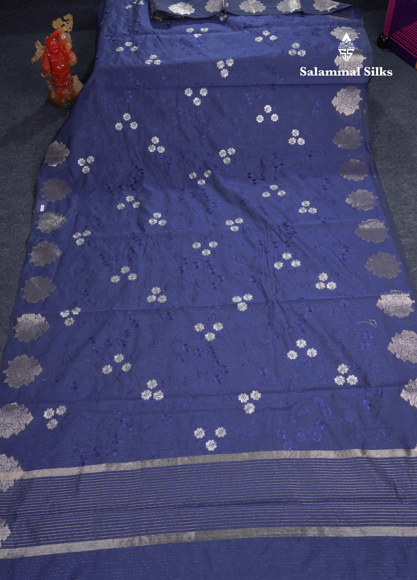 Navy Blue Embroidery Work Cotton Mix Saree With Floral Fancy Border