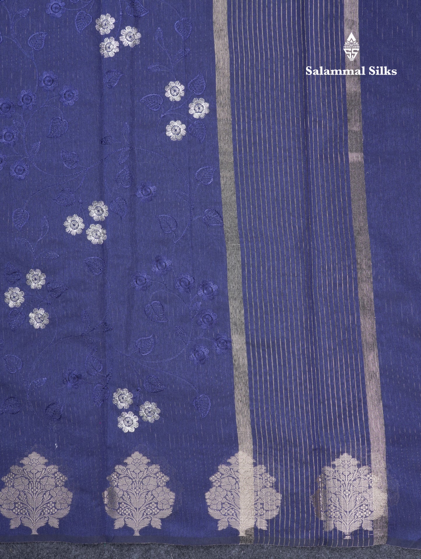 Navy Blue Embroidery Work Cotton Mix Saree With Floral Fancy Border