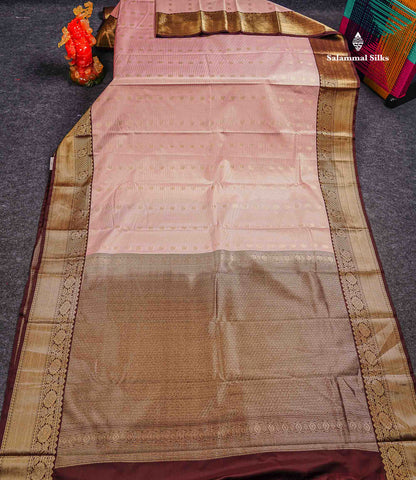 Semi Silk Saree - Light Pista Green Mango Butta With Checks Along With Contrast Dark Brown Traditional Gap Border