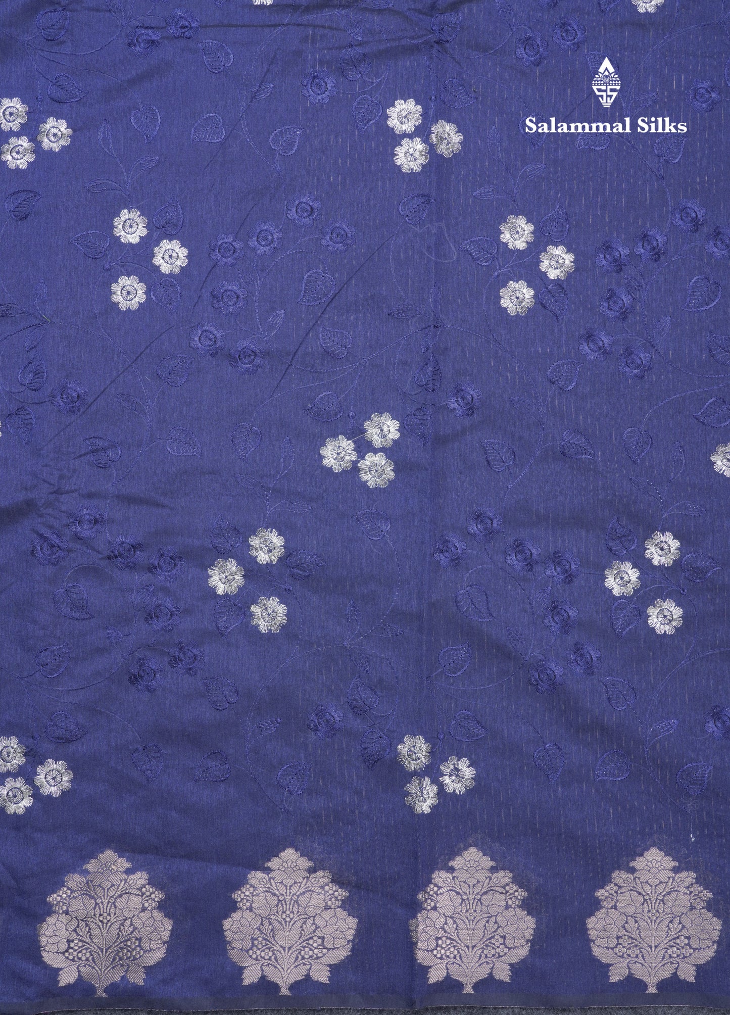 Navy Blue Embroidery Work Cotton Mix Saree With Floral Fancy Border
