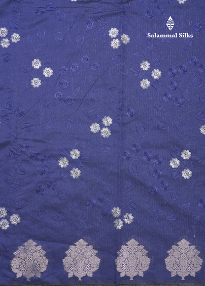 Navy Blue Embroidery Work Cotton Mix Saree With Floral Fancy Border