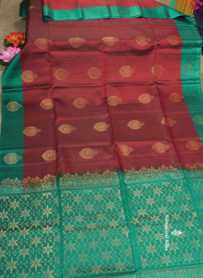 Beautiful Dark Maroon Pure Kanjivaram Soft Silk Saree With Contrast Peacock Green Border