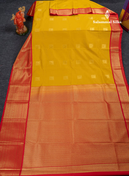 Beautiful Mustard Yellow Semi Silk Saree With Contrast Red Traditional Evening Morning Border