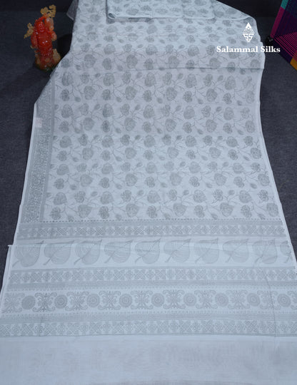 Blueish Grey Floral Print Cotton Mix Saree With One Side Border