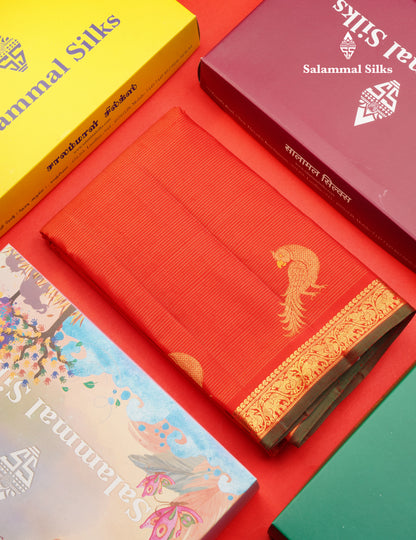Red Vairaoosi Pure Kanjivaram Silk Saree Menakari Work Parrrot Design With Small Traditional Self Border