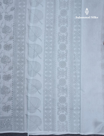 Blueish Grey Floral Print Cotton Mix Saree With One Side Border