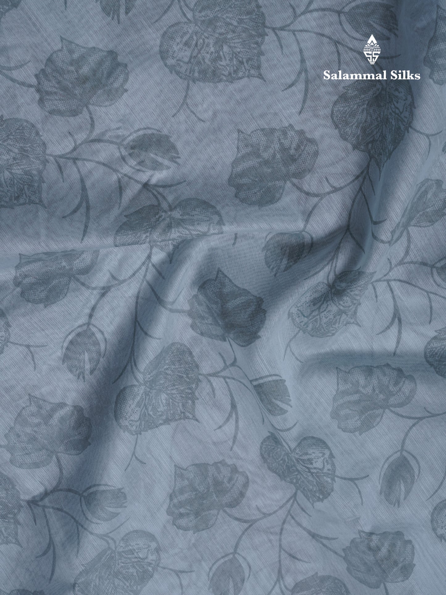 Blueish Grey Floral Print Cotton Mix Saree With One Side Border
