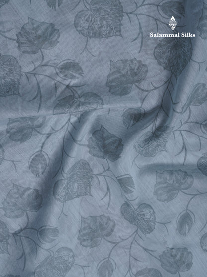 Blueish Grey Floral Print Cotton Mix Saree With One Side Border